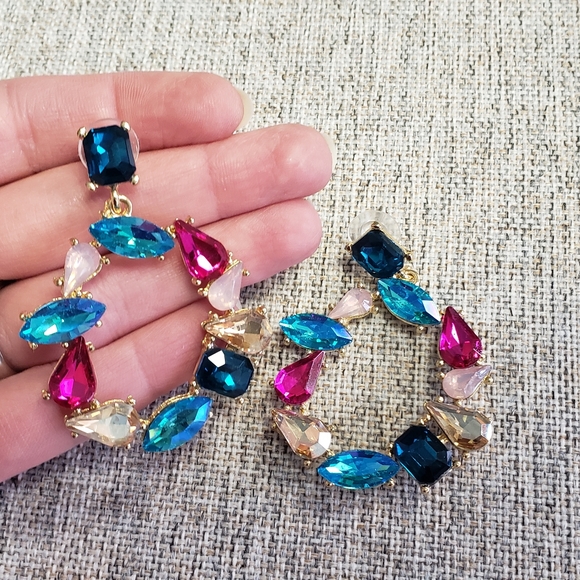 Statement Earrings, 1 pair Crystal Hoops, 1 pair Betsey Johnson Floral Studs. - Picture 2 of 6